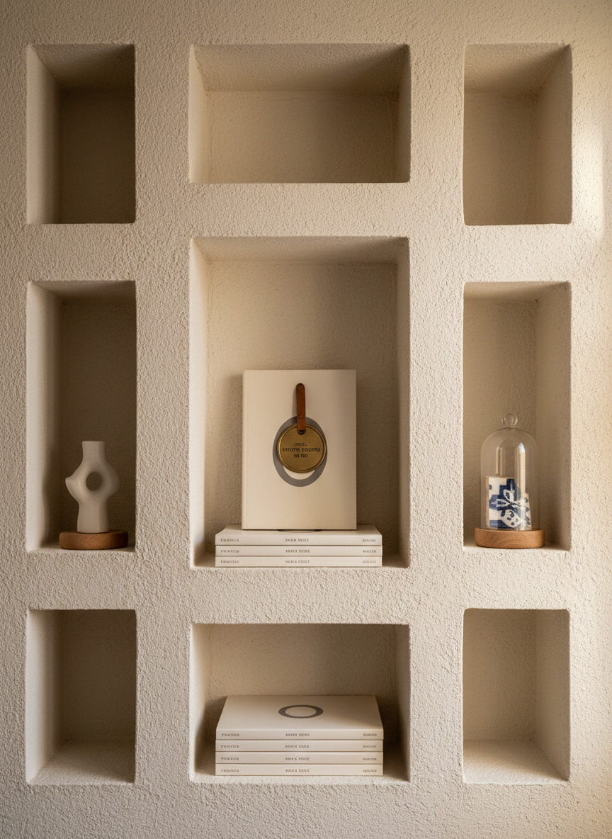 A meticulously styled hospitality concept shelf, built-in to a plaster wall, showcasing a series of objects that tell a brand story: a vintage hotel room key tag with an engraved European city name, a stack of minimalist guidebooks, a small abstract sculpture in matte white ceramic, and a glass cloche covering a fragment of patterned tile. Indirect afternoon light from the right creates soft highlights and gentle, layered shadows inside each niche. Captured straight-on with a medium focal length and shallow depth of field that keeps the central objects sharp while subtly blurring the periphery, the scene feels curated and intentional. The photographic style is clean and modern, with an understated, luxurious atmosphere that communicates narrative-driven hospitality positioning.
