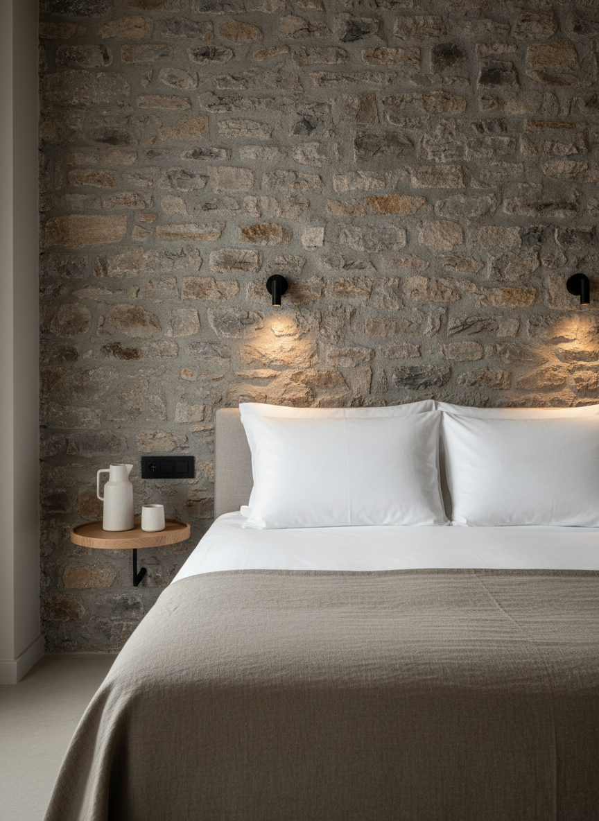 A serene, high-end guest suite vignette illustrating experience design: a neatly made bed with crisp white linen and a heavy taupe linen throw, positioned against a textured stone wall with integrated, minimal black reading lights. A small bedside shelf holds a single, understated ceramic carafe and glass on a round oak tray. Early morning light filters through an unseen window, creating a soft gradient across the bedding and a subtle glow on the stone surface. Photographed at eye level from the foot of the bed with a slightly wide lens, the space feels generous yet restrained. The composition is balanced and uncluttered, with photographic realism and a sophisticated, quiet mood that reflects thoughtful hospitality consulting in Europe.