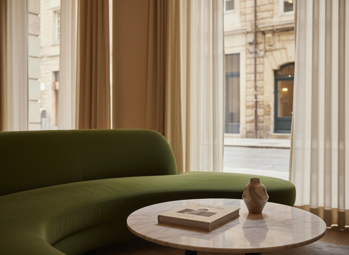 An atmospheric corner of a European boutique hotel lobby, empty of people, showcasing a low, curved velvet sofa in deep moss green facing a marble-topped coffee table with a single, carefully placed design book and a small sculptural vase. Floor-to-ceiling windows reveal a hint of an old stone street outside, softly out of focus. Late afternoon light diffuses through sheer curtains, creating a warm, golden glow and gentle reflections on the marble surface. Photographed from a slightly lowered angle, the composition follows the rule of thirds, emphasizing negative space and quiet luxury. The image has a realistic, editorial feel, conveying sophisticated hospitality experience design with a serene, contemplative atmosphere.