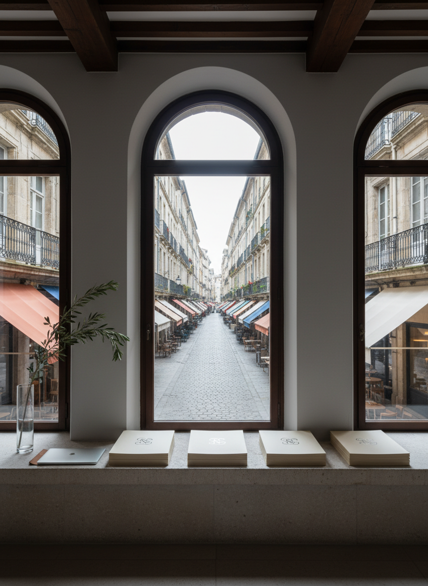 A panoramic view of a long, narrow European street as seen through tall arched windows from inside a refined hospitality design studio. The interior foreground shows a low sill lined with neatly stacked concept folders stamped with subtle foil logos, a slender glass vase holding a single branch, and a closed laptop in brushed metal. Outside, historic stone facades and soft, out-of-focus café awnings suggest context without distraction. Overcast daylight fills the room with a cool, even glow, reducing harsh shadows. Captured from an eye-level, slightly offset angle to emphasize perspective along the street, the composition uses the window frames as strong verticals. The mood is contemplative, context-aware, and sophisticated, aligning with European-focused hospitality consulting in a realistic, editorial photographic style.