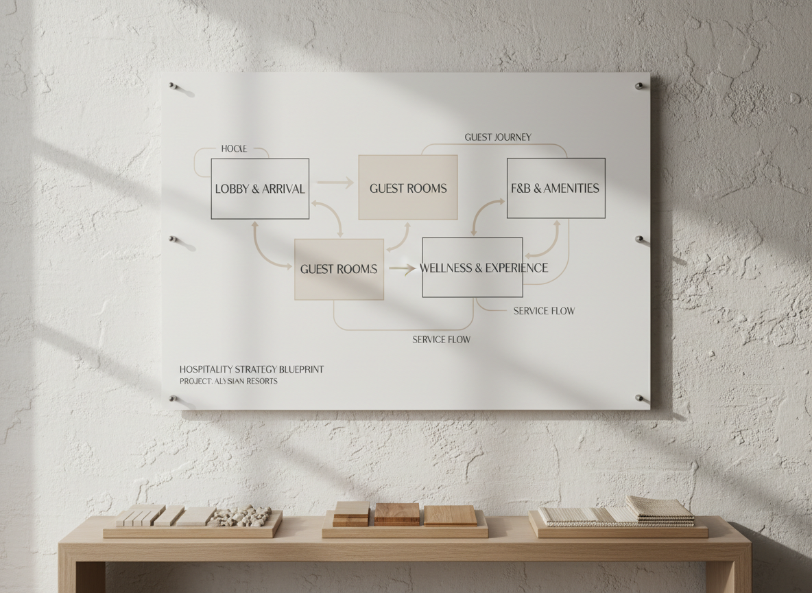 A large, wall-mounted hospitality strategy blueprint rendered as a clean, minimal diagram on matte white paper, pinned to a textured plaster wall in a modern studio. The blueprint shows abstracted hotel zones, guest journey arrows, and refined typography, all in a limited palette of charcoal grey and soft beige. Below, a narrow console holds neatly aligned sample trays with sand-colored stone, warm wood, and woven textiles, suggesting material palettes. Soft overcast daylight enters from the left, creating delicate side lighting that emphasizes the tactility of the wall and samples. Shot straight-on with sharp focus across the frame, the composition feels organized and precise, exuding a sophisticated, analytical yet creative mood rooted in photographic realism.