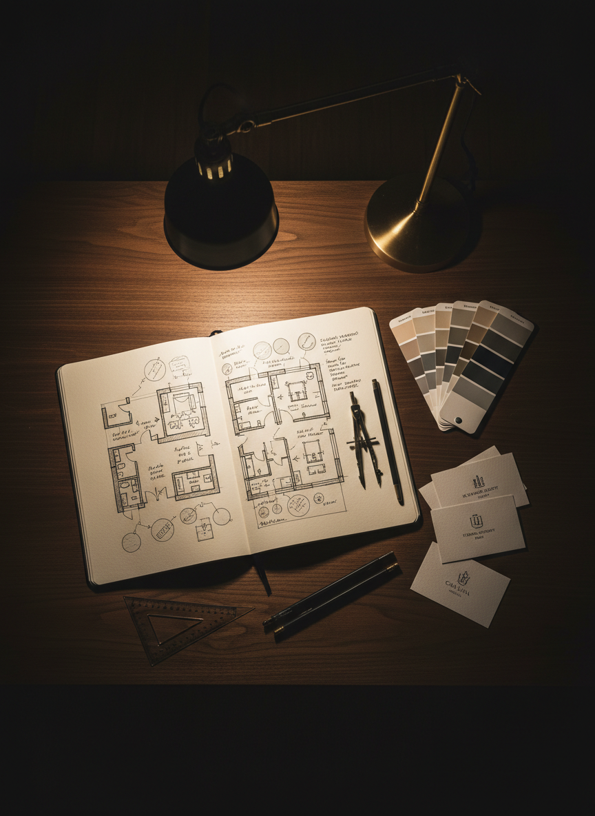 An intimate still life of a hospitality concept in progress: an open, large-format sketchbook filled with hand-drawn floor plans and annotations, resting on a dark walnut desk. Beside it, a set of black and brass drafting tools, a muted color fan deck, and a small stack of textured card mockups labeled with elegant, minimalist logos for imagined hotels in various European cities. A single adjustable desk lamp casts warm, focused light, forming dramatic yet soft-edged shadows and a pool of clarity around the sketchbook, while the rest of the scene falls gently into darkness. Captured from a top-down, bird’s eye perspective with meticulous composition, the mood is contemplative, slow, and sophisticated, highlighting the craft of concept and positioning consulting.