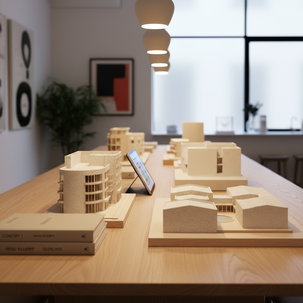 A long, minimalist wooden table in a contemporary studio, its surface meticulously arranged with small architectural models of boutique hotels and restaurants in neutral plaster and balsa wood. Beside them, neatly stacked concept books, printed brand guidelines, and a tablet displaying a floor plan glow softly. Warm, diffused pendant lighting from above casts gentle pools of light, highlighting textures in the wood grain and model facades while leaving the background in understated shadow. Captured at eye level along the table’s length, with a strong sense of depth leading toward a large, blurred window at the far end. The mood is focused and refined, conveying slow, deliberate creative strategy in a clean, photographic style appropriate for high-end hospitality consulting.